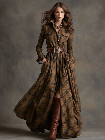 Women's Plaid Maxi Shirt Dress with Long Sleeves, Belt and Side Slit