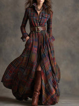 Women's Plaid Maxi Shirt Dress with Long Sleeves, Belt and Side Slit