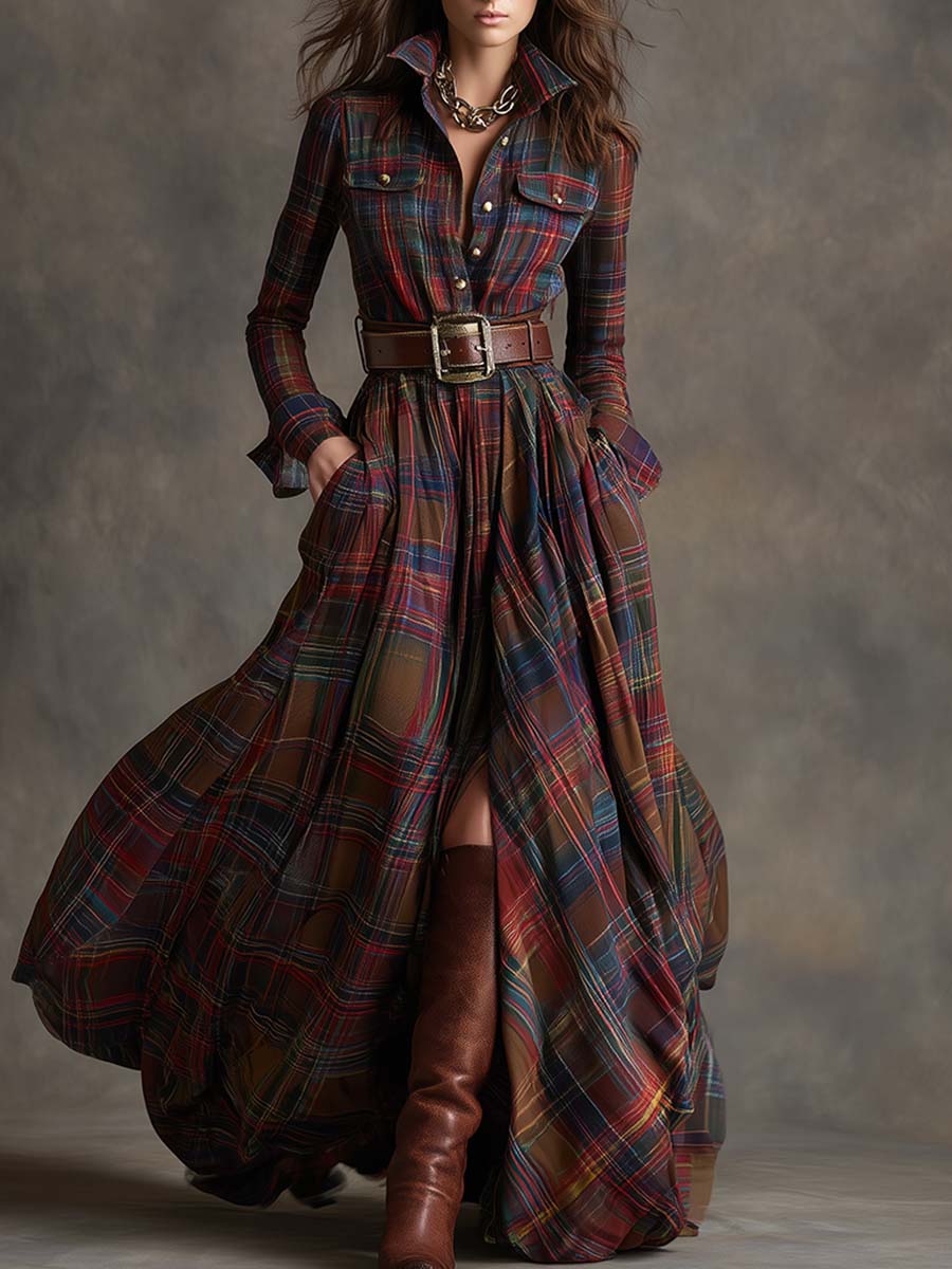 Women's Plaid Maxi Shirt Dress with Long Sleeves, Belt and Side Slit