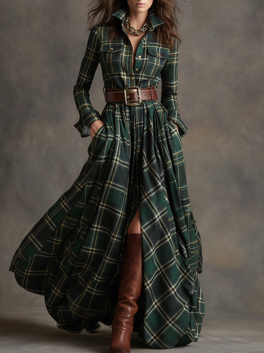 Women's Plaid Maxi Shirt Dress with Long Sleeves, Belt and Side Slit