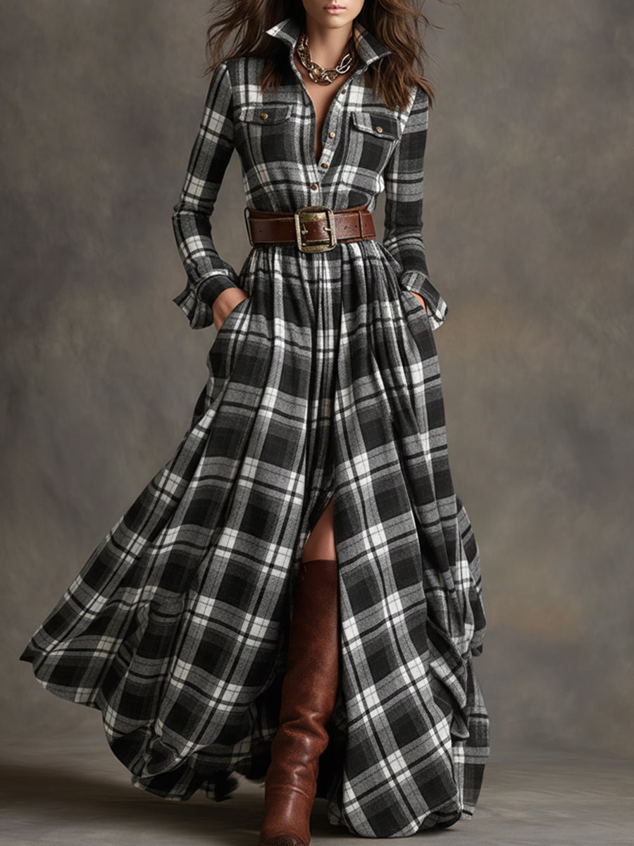 Women's Plaid Maxi Shirt Dress with Long Sleeves, Belt and Side Slit