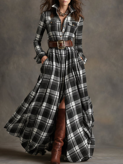 Women's Plaid Maxi Shirt Dress with Long Sleeves, Belt and Side Slit