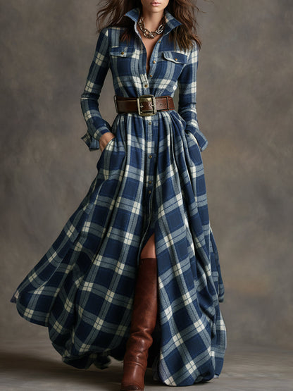 Women's Plaid Maxi Shirt Dress with Long Sleeves, Belt and Side Slit