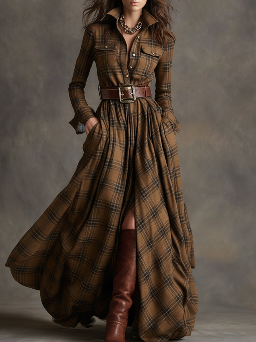 Women's Plaid Maxi Shirt Dress with Long Sleeves, Belt and Side Slit