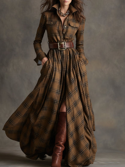 Women's Plaid Maxi Shirt Dress with Long Sleeves, Belt and Side Slit