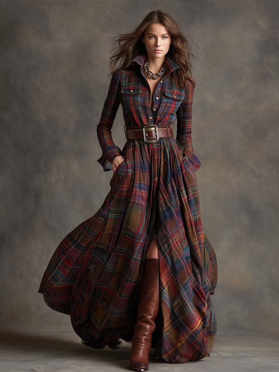 Women's Plaid Maxi Shirt Dress with Long Sleeves, Belt and Side Slit