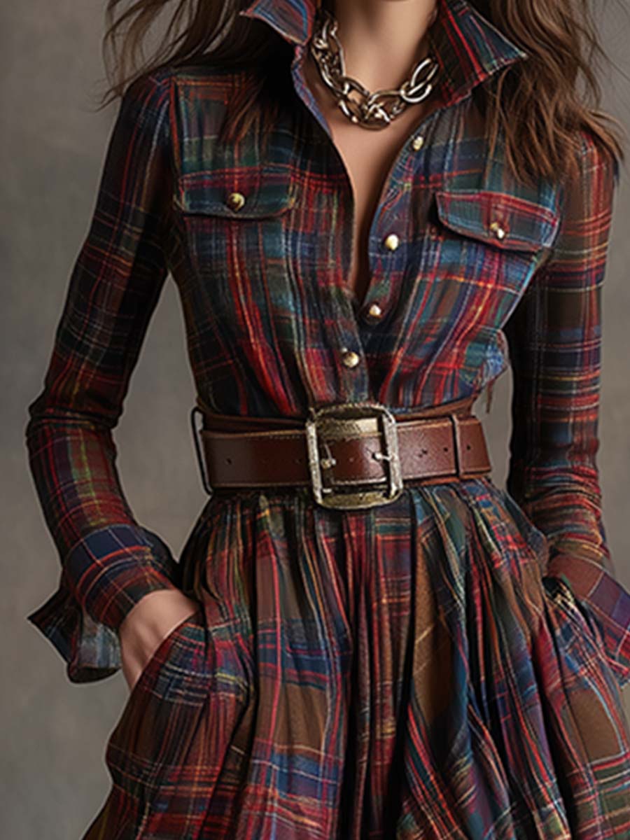 Women's Plaid Maxi Shirt Dress with Long Sleeves, Belt and Side Slit
