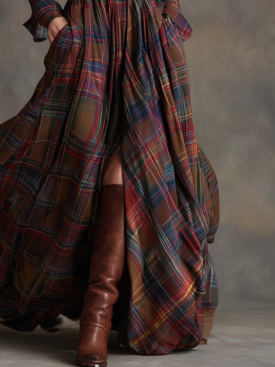 Women's Plaid Maxi Shirt Dress with Long Sleeves, Belt and Side Slit