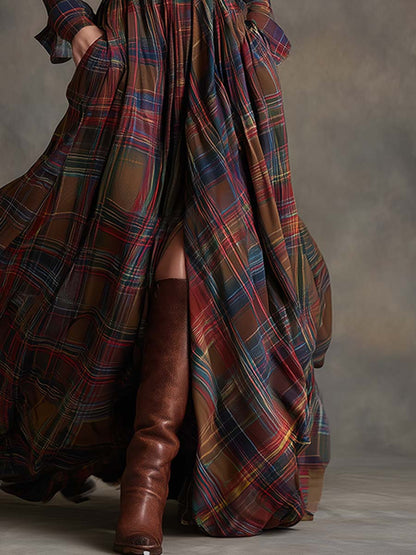 Women's Plaid Maxi Shirt Dress with Long Sleeves, Belt and Side Slit