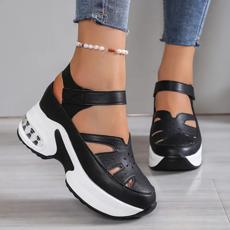 Women's Platform Sandals with Wedge Sole, Cutout Detail and Velcro Strap