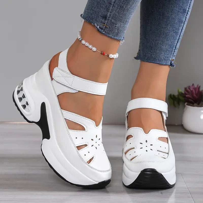 Women's Platform Sandals with Wedge Sole, Cutout Detail and Velcro Strap