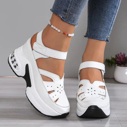 Women's Platform Sandals with Wedge Sole, Cutout Detail and Velcro Strap