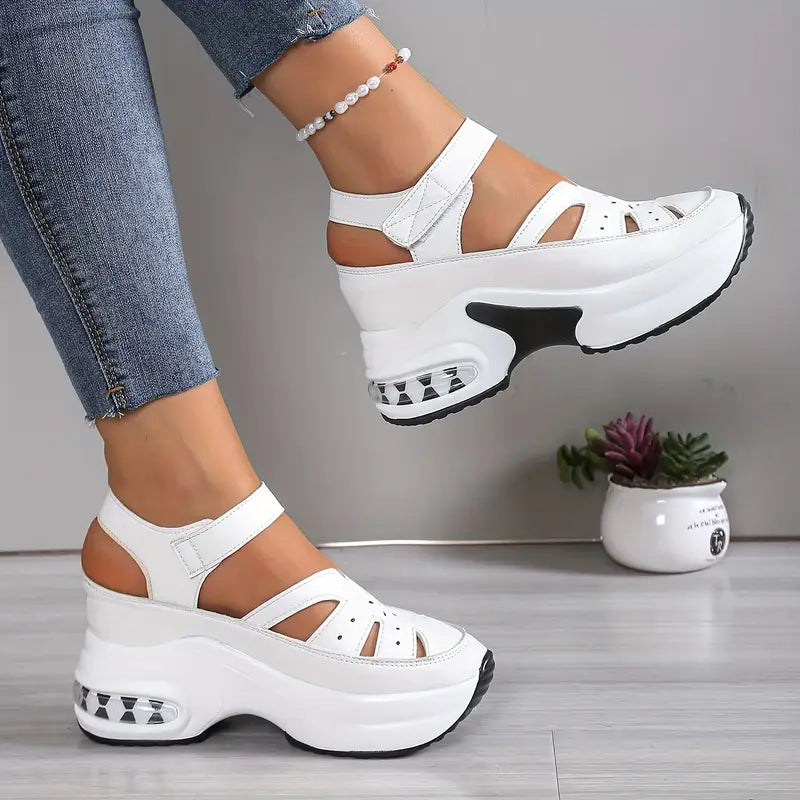 Women's Platform Sandals with Wedge Sole, Cutout Detail and Velcro Strap