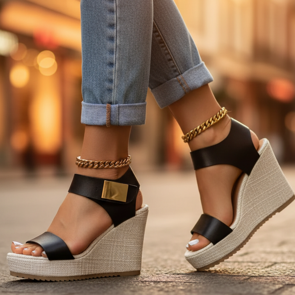 Women's Platform Wedge Sandals with Open Toe and Gold Ankle Strap