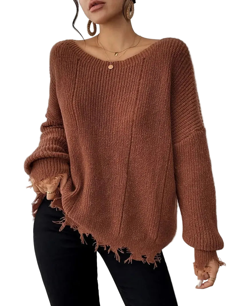 Women's Ribbed Knit Sweater with Frayed Trim