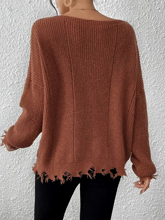 Women's Ribbed Knit Sweater with Frayed Trim