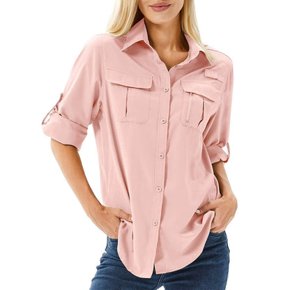 Women's Safari Shirt Long Sleeve with Roll-Up Sleeves and Chest Pockets