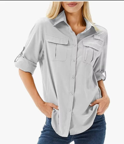 Women's Safari Shirt Long Sleeve with Roll-Up Sleeves and Chest Pockets