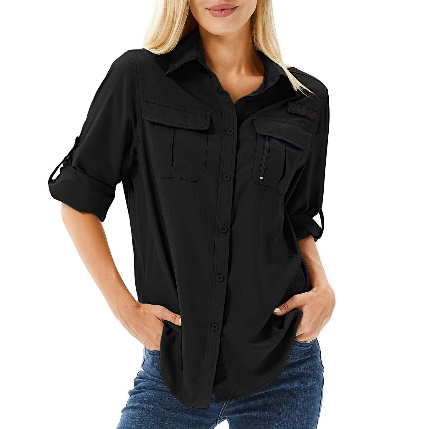 Women's Safari Shirt Long Sleeve with Roll-Up Sleeves and Chest Pockets