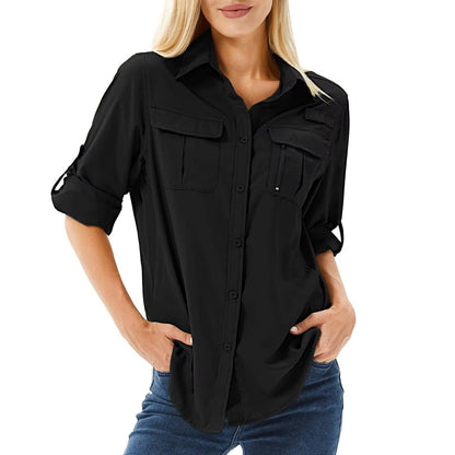 Women's Safari Shirt Long Sleeve with Roll-Up Sleeves and Chest Pockets
