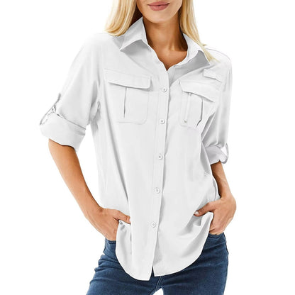 Women's Safari Shirt Long Sleeve with Roll-Up Sleeves and Chest Pockets