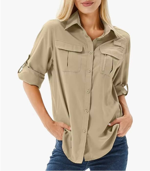 Women's Safari Shirt Long Sleeve with Roll-Up Sleeves and Chest Pockets