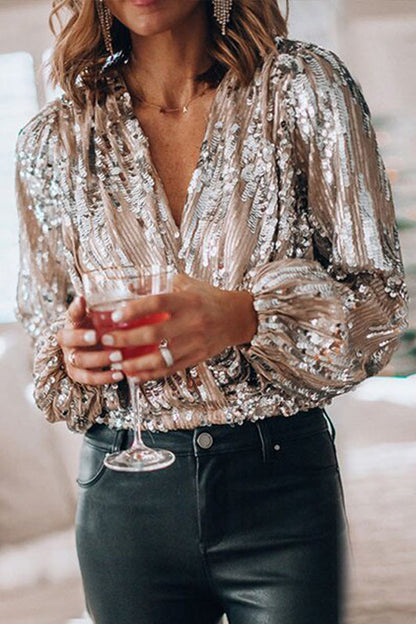 Women's Sequin Blouse Long Sleeve with V-Neck and Wrap Front