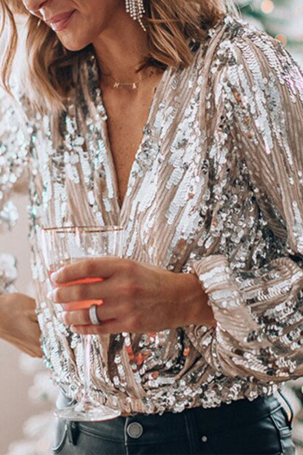 Women's Sequin Blouse Long Sleeve with V-Neck and Wrap Front
