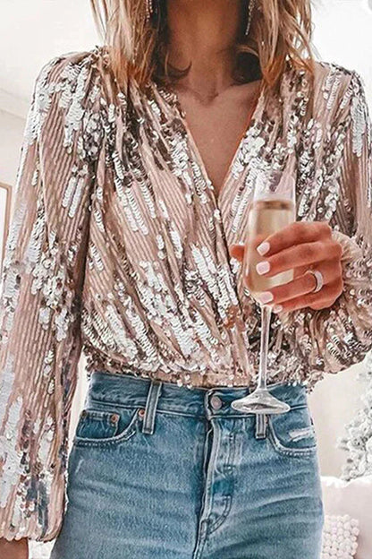 Women's Sequin Blouse Long Sleeve with V-Neck and Wrap Front