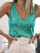Women's Sequin Tank Top with V-Neck Sleeveless
