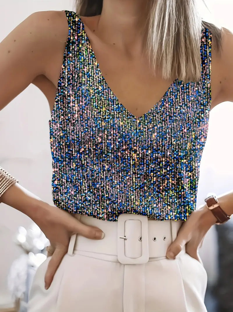 Women's Sequin Tank Top with V-Neck Sleeveless