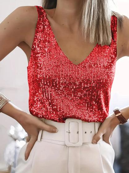 Women's Sequin Tank Top with V-Neck Sleeveless