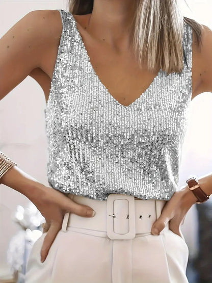 Women's Sequin Tank Top with V-Neck Sleeveless
