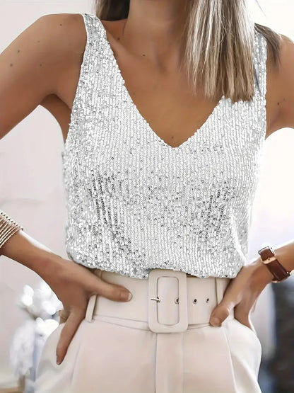Women's Sequin Tank Top with V-Neck Sleeveless