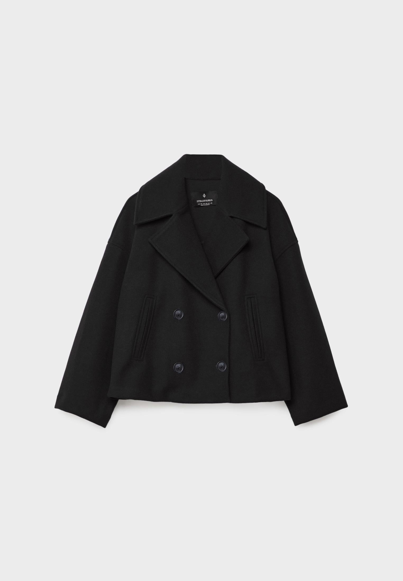 Women's Short Double Breasted Coat with Oversized Lapel