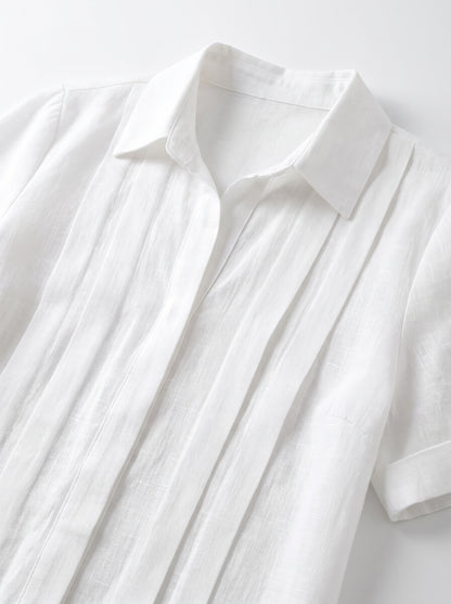 Women's Short Sleeve Blouse with Collar and Pleated Front