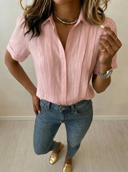 Women's Short Sleeve Blouse with Collar and Pleated Front