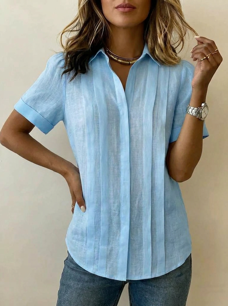 Women's Short Sleeve Blouse with Collar and Pleated Front
