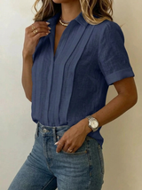 Women's Short Sleeve Blouse with Collar and Pleated Front
