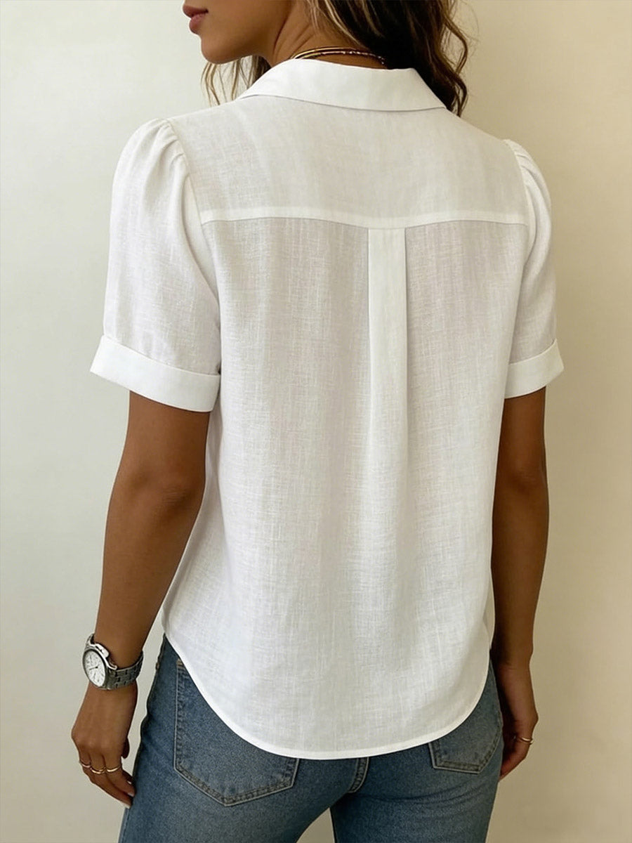 Women's Short Sleeve Blouse with Collar and Pleated Front
