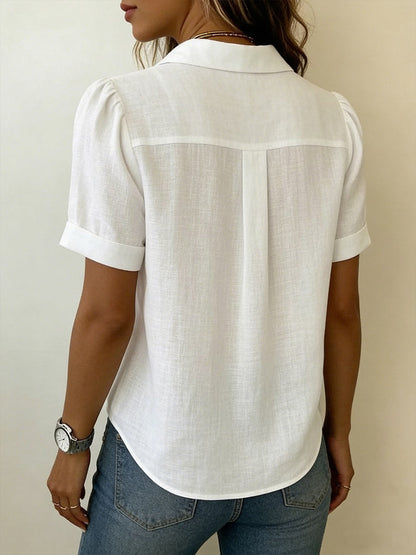 Women's Short Sleeve Blouse with Collar and Pleated Front