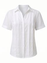 Women's Short Sleeve Blouse with Collar and Pleated Front