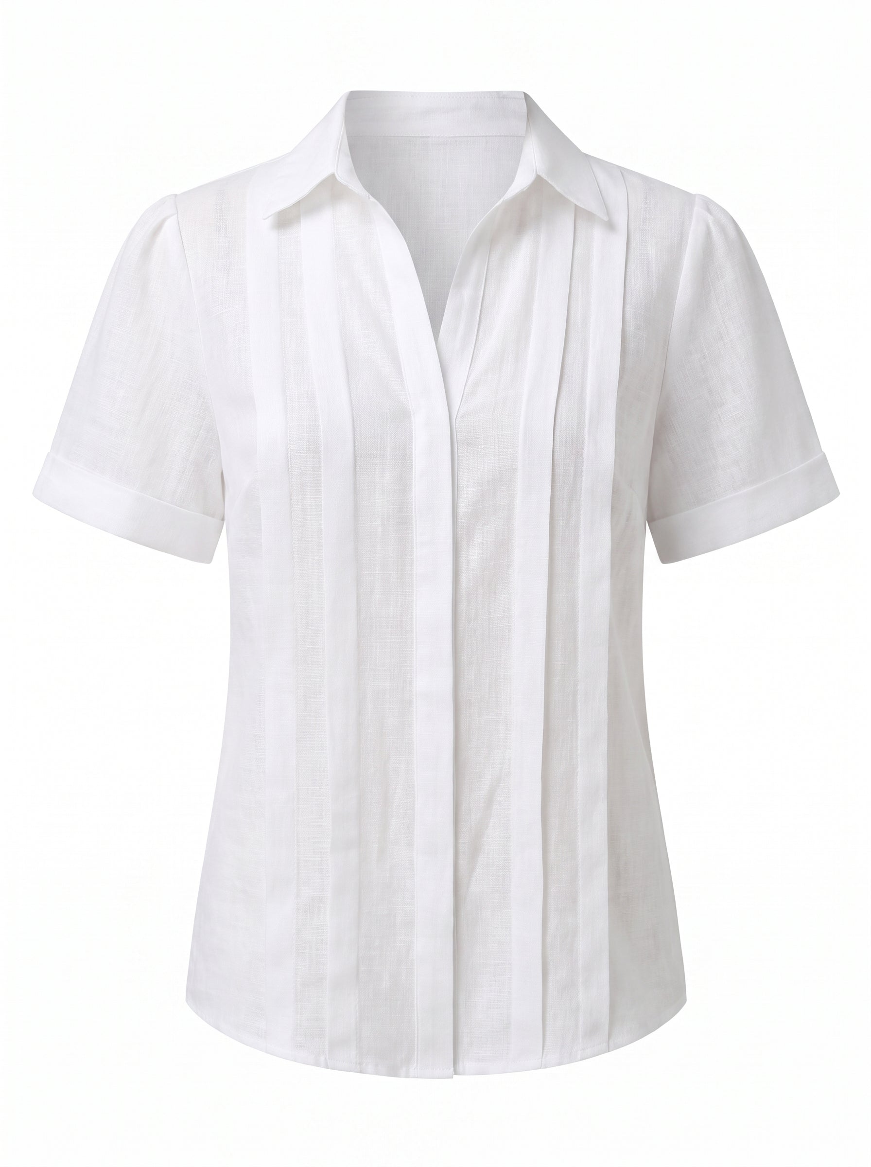 Women's Short Sleeve Blouse with Collar and Pleated Front