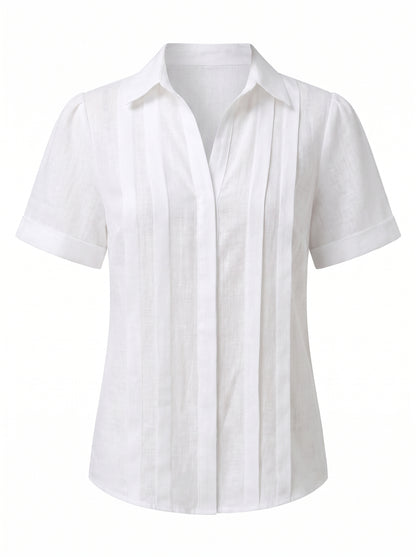Women's Short Sleeve Blouse with Collar and Pleated Front