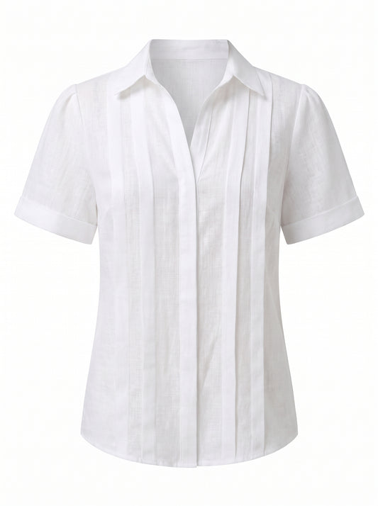 Women's Short Sleeve Blouse with Collar and Pleated Front