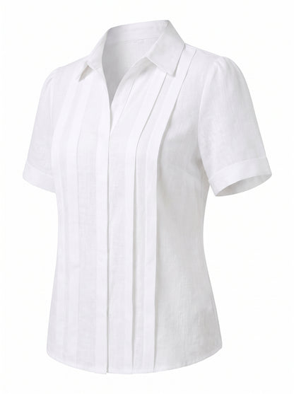 Women's Short Sleeve Blouse with Collar and Pleated Front
