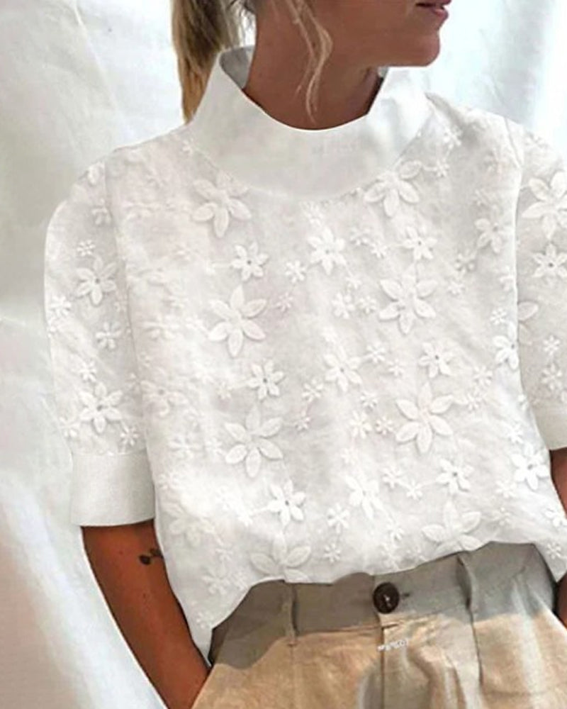 Women's Short Sleeve Blouse with Mock Neck and Floral Embroidery