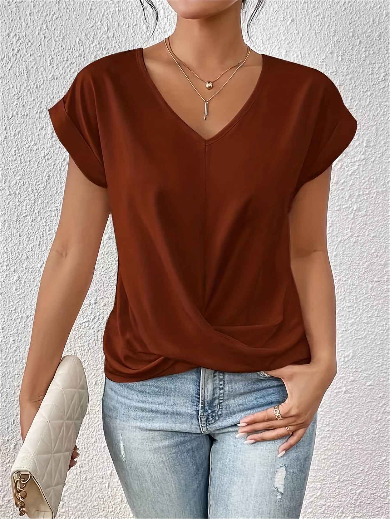 Women's Short Sleeve Blouse with V-Neck and Twist Detail