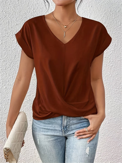 Women's Short Sleeve Blouse with V-Neck and Twist Detail