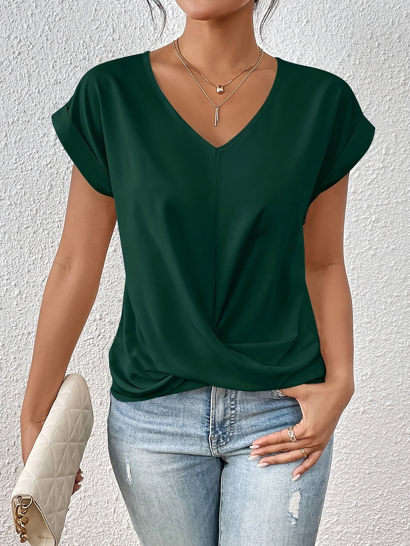 Women's Short Sleeve Blouse with V-Neck and Twist Detail